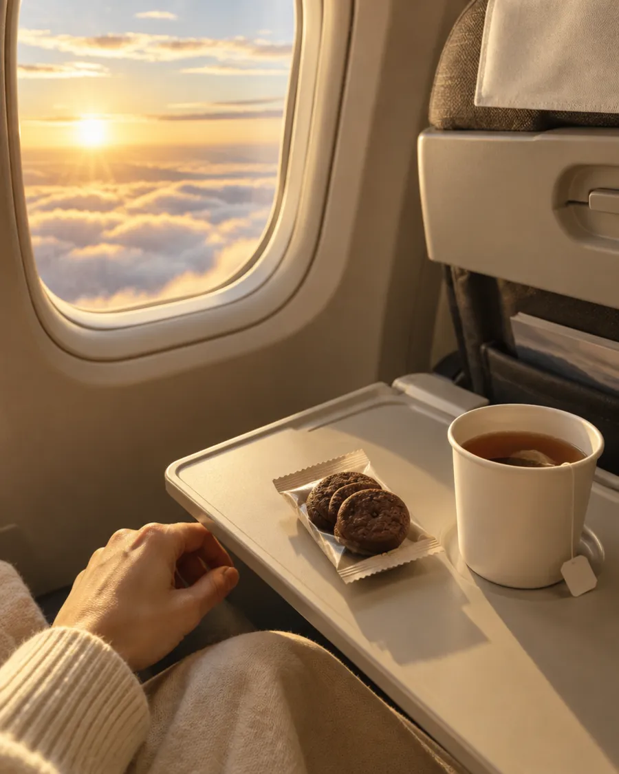 A pack of cookies and a cup of tea on an airline tray table by a window above the clouds