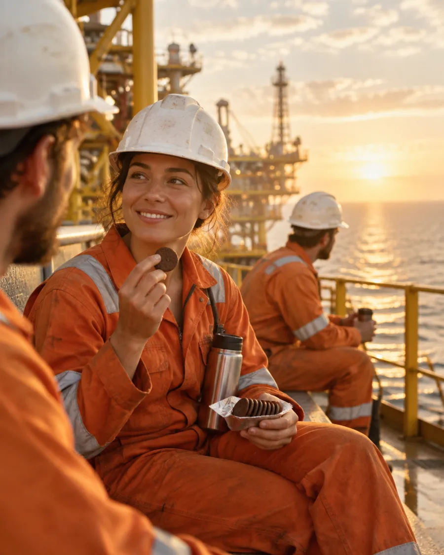 Workers in orange coveralls and hard hats on a break on an offshore platform at sunrise, one holding a cookie