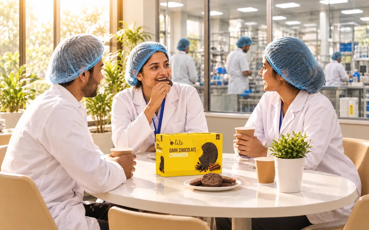 Staff in lab coats and hairnets on a break in a pharmaceutical facility, a box of B-lite cookies on the table, one eating a cookie